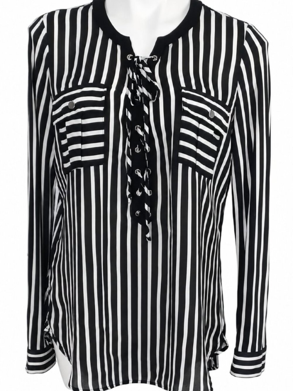 Medium Womens Black White Striped Lace-Up Long Sleeve Blouse Pocket Top
